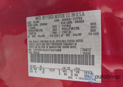 2001 Ford Ranger Edge/Xl/Xlt из США, поврежденный, VIN 1FTYR14U21TA21668